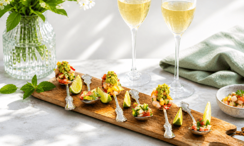 2 förrätter på sked – torskceviche & nektarinsalsa med räkor