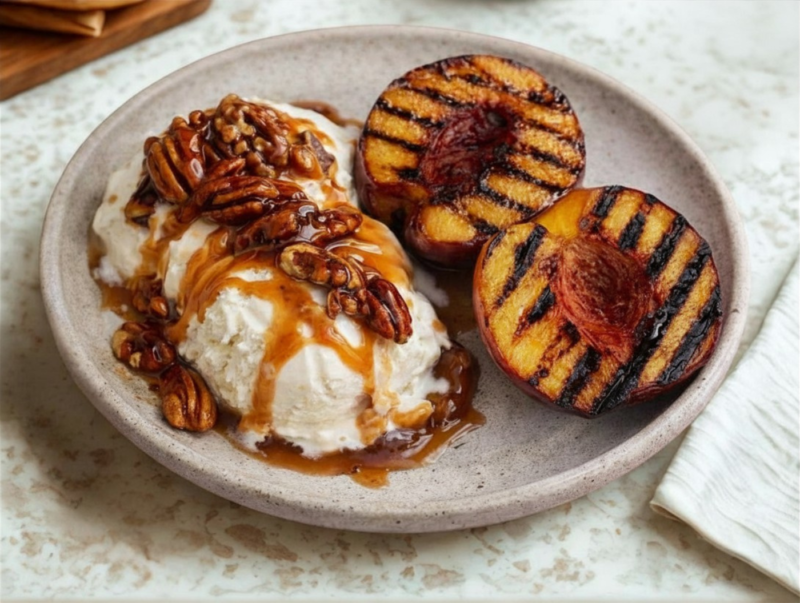 Grillade nektariner med vaniljglass och pekan-kolasås