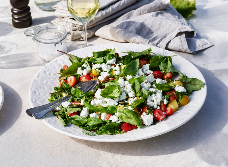 Sallad av bakade tomater, jordgubbar och persika med fetaost